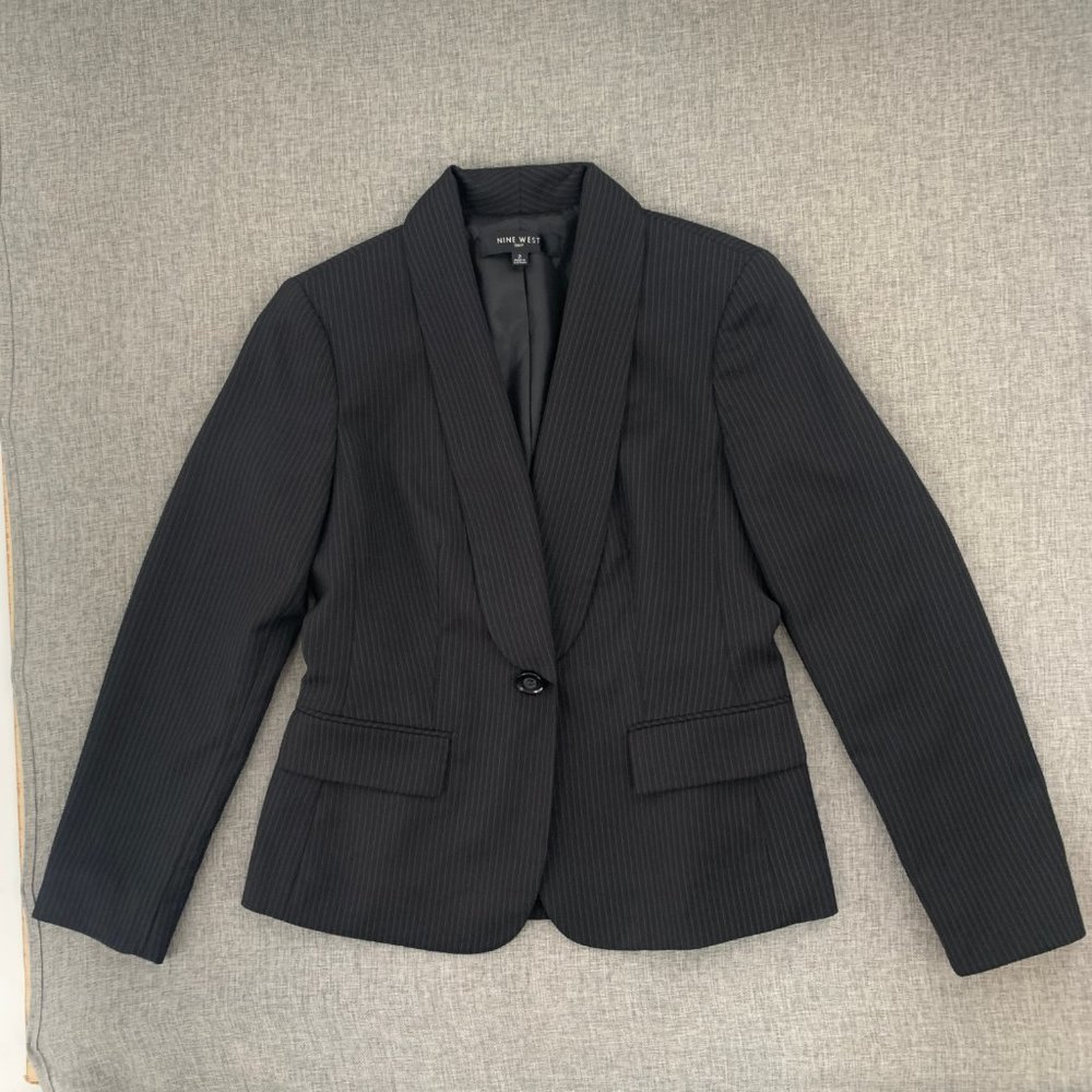Nine West Womens Black Blazer Long Sleeve One Button Closure Shawl Label Gray St